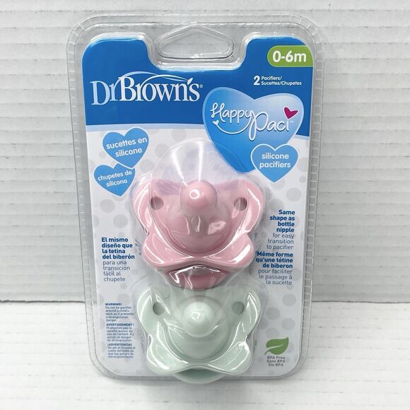 Dr. Brown's Happy Paci Silicone Pacifiers 0-6m Pack of 2 Pink & Green - Picture 1 of 2